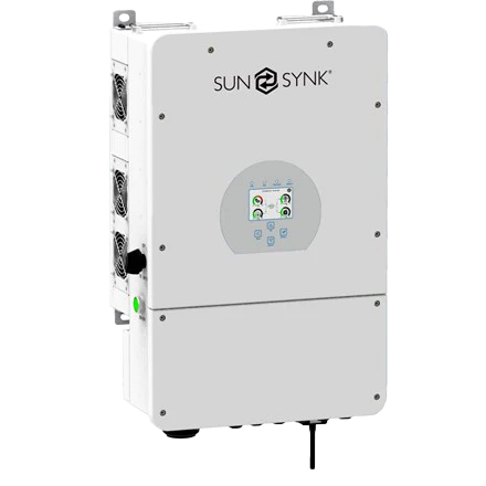 Sunsynk 8KW Hybrid Inverter with its sleek white design and clear display, featuring the Sunsynk logo.