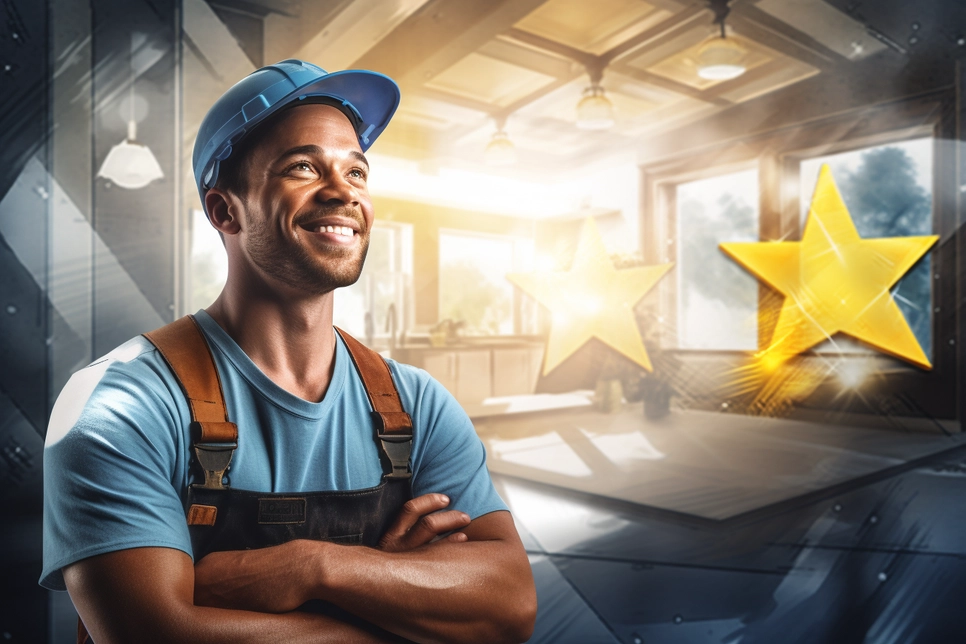 Confident black South African tradesman after receiving a stellar online review, a yellow star is superimposed onto the scene.