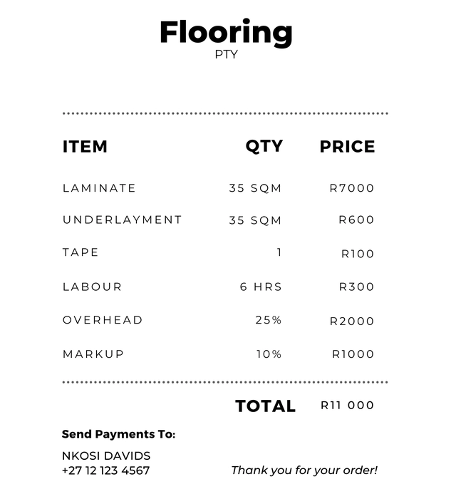 Example of adding everything together - final invoice for flooring services.