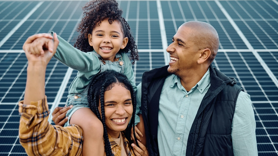 Black Family, Children or Solar Panel with Parents and Daughter Siblings on a Farm Together for Sustainability.