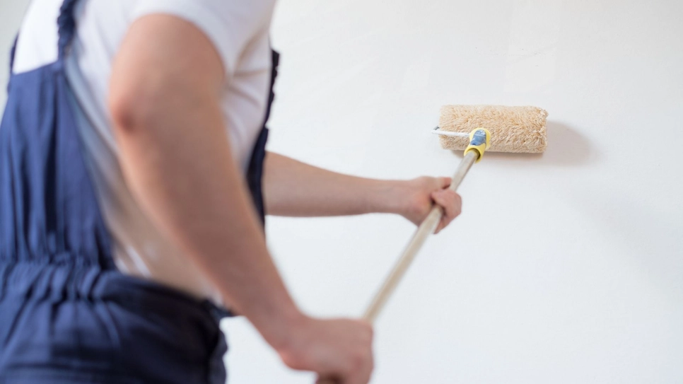 Professional painter painting a wall in white.