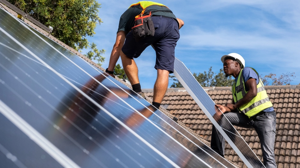 Technicians install solar panels on the roof of a house in Cape Town, South Africa.