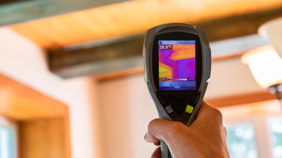 A professional is thermal imaging the interior of the home with a device to identify moisture and dampness.