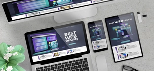 Elegant computer, tablet and mobile phone screen showing words best web design.