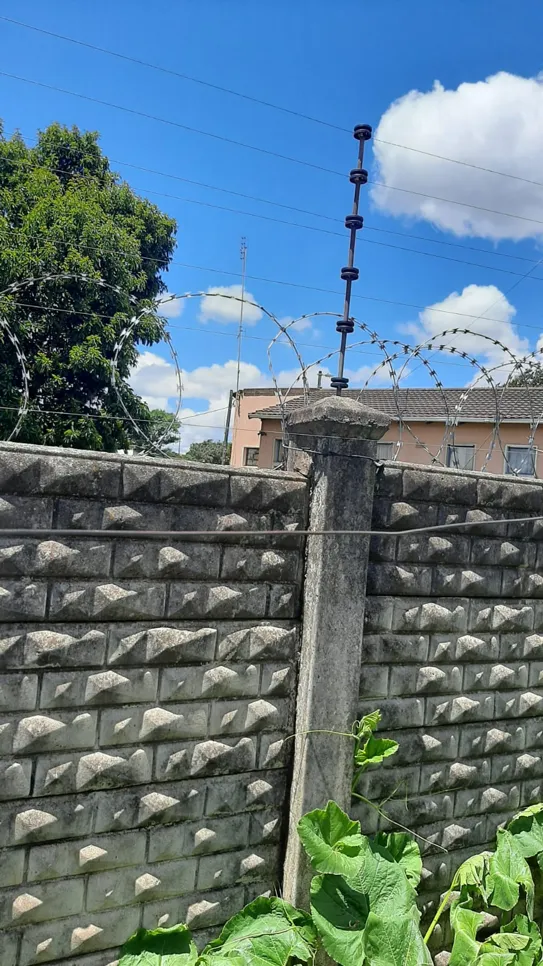 Electric fence with barbed wire atop a concrete wall, enhancing security for residential property.