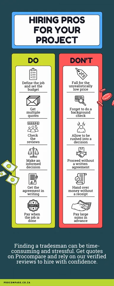 Infographic with the do's and don'ts of hiring a service provider and increasing the chances of your project being done to your satisfaction.