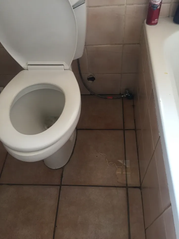 Toilet with visible water leakage on tiled floor indicating a plumbing issue.