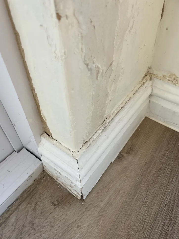 Peeling paint and cracked baseboard at a wall corner indicating moisture damage.