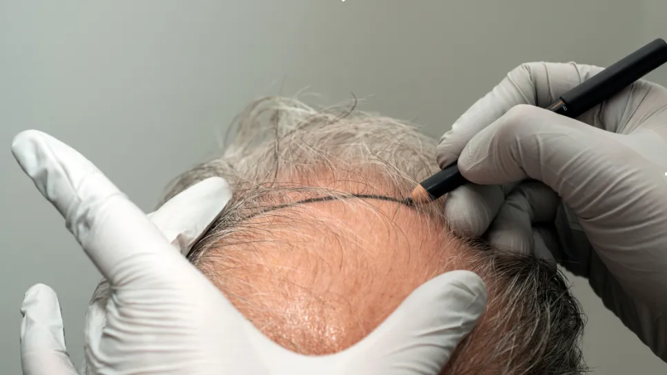 Doctor marking hairline on patient's scalp in preparation for hair transplant, outlining areas for hair restoration.
