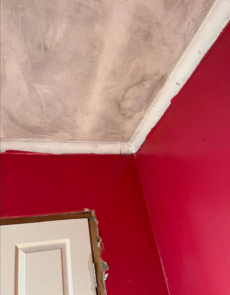 Visible water stain on ceiling with peeling paint near red wall and door frame, indicating potential leak.
