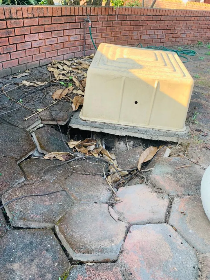 Cracked patio pavers with roots causing uneven surface and potential tripping hazard.