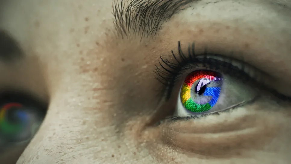 A conceptual macro photograph of a person's eye, with the iris reflecting the Google logo, symbolizing the pervasive influence of Google Ads and SEO in digital advertising.