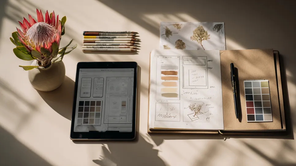 A sunlit designer's workspace with a tablet displaying UI designs and color palettes next to an open sketchbook with similar sketches and painted color swatches. A pink king protea flower in a vase, colored pencils, and another color swatch card complete the scene.