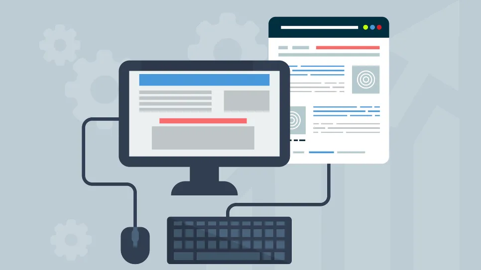 A flat design illustration of a desktop computer setup, including a monitor, keyboard, and mouse. The monitor and a separate, overlapping browser window both display simplified website page layouts with placeholder text and graphics. The light blue-grey background features faint illustrations of gears and upward-pointing arrows, symbolizing technology and growth.