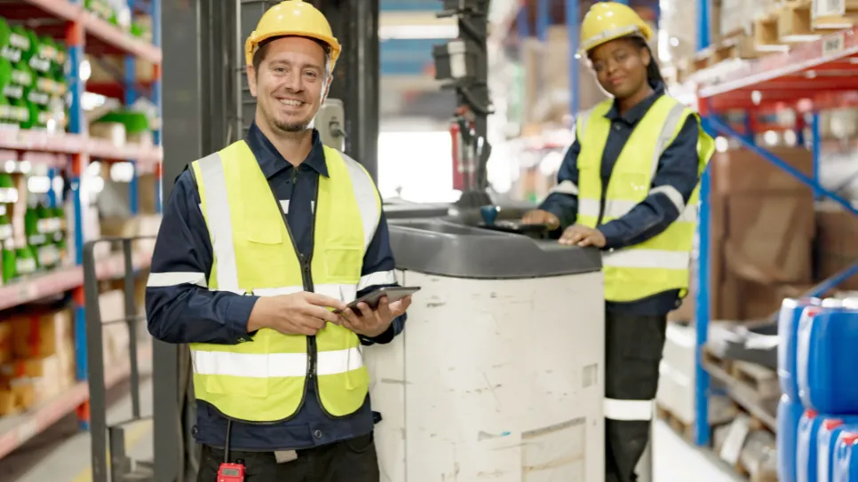 A smiling male warehouse worker holding a tablet and a female colleague stand next to a forklift in a large distribution center.
