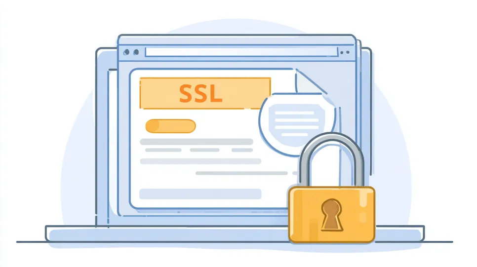 An illustration of a laptop screen showing an SSL certificate, with a large padlock symbol in front representing website security.