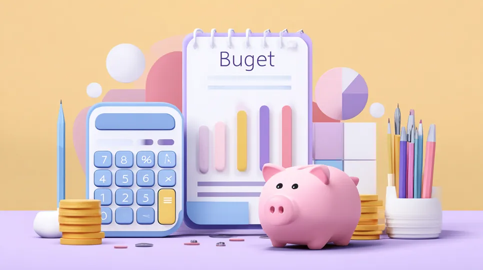 A piggy bank, calculator, stacked coins, and a notebook labeled "Buget" with colorful charts, surrounded by pencils and graphs.